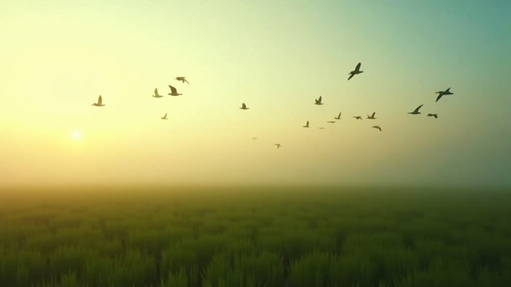 A misty field at dawn with birds