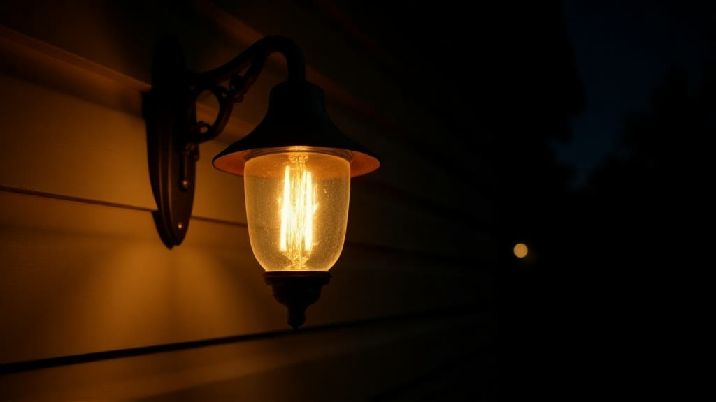 The porch light glowing at dusk