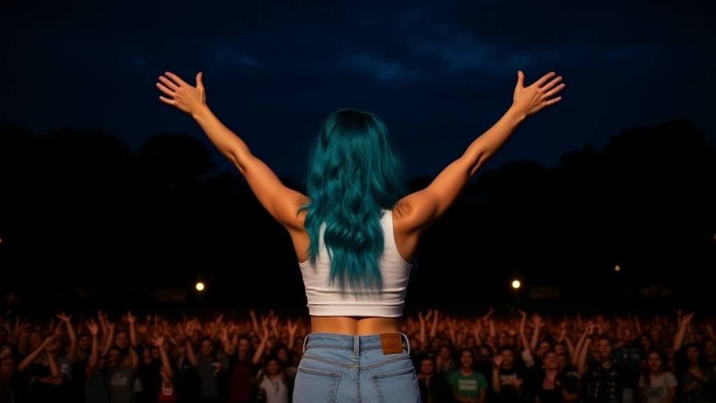 Astri Bellwether on stage, arms raised to a festival crowd at night