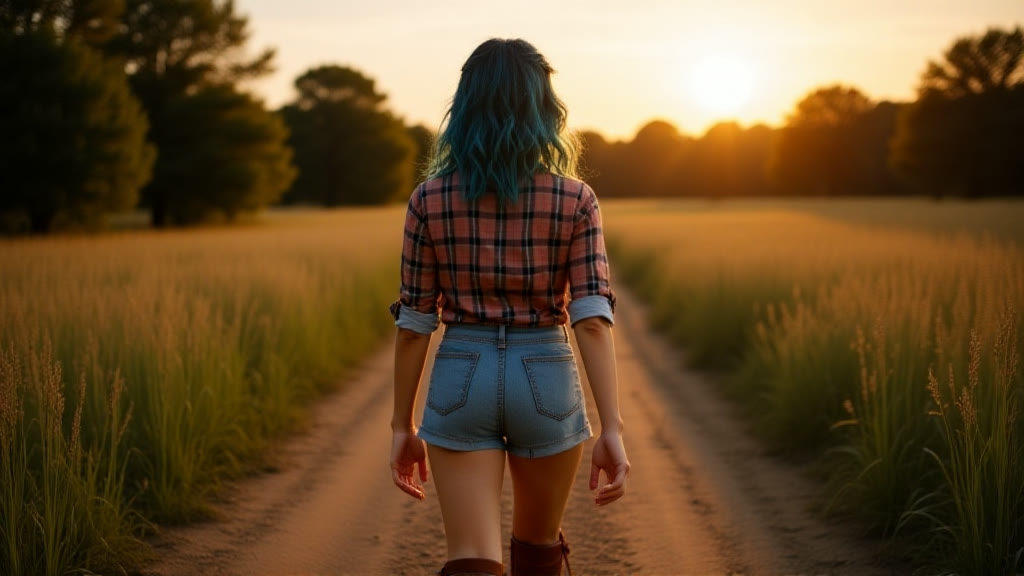 Walking down a dirt track at sunset